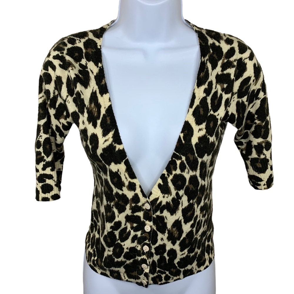 Small Leopard Print Fitted Cardigan Sweater Half Sleeve Stretch Retro Pinup